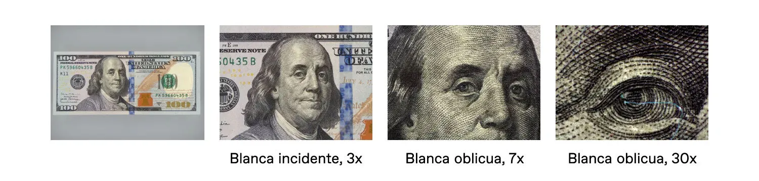 Examen de la impresión intaglio con diferentes niveles de zoom.